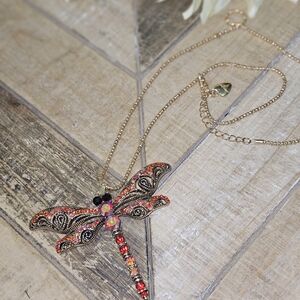 Betsey Johnson Gold-tone Dragonfly Necklace with Red Crystals